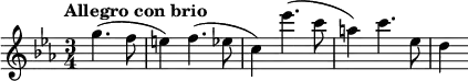 \new Staff <<
\relative c''{
\clef treble
\key ees \major
\time 3/4
\tempo "Allegro con brio" \tempo 2 = 80
\partial 2 g'4. (f8 e4) f4. (ees8 c4) ees'4. (c8 a4) c4. ees,8 d4
}
>>