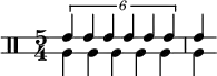 << \relative c' {
\override Staff.StaffSymbol.line-positions = #'(-2 2)
\clef percussion
\time 5/4
\override TupletNumber.text = #tuplet-number::calc-fraction-text
\tuplet 6/5 { e4 e e e e e } e4
} \\ \relative c' {
a4 a a a a a
}
>>