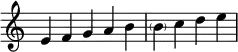 {
\override Score.TimeSignature #'stencil = ##f
\relative c' {
\clef treble \time 5/4
e4 f g a b
\time 4/4
\parenthesize b c d e
} }