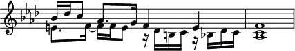 \version "2.18.2"
\header {
tagline = ##f
}
\score {
\new Staff \with {
\remove "Time_signature_engraver"
}
<<
\relative c'' {
\key f \minor
\time 4/4
\tempo 4 = 56
%% PRÉLUDE CBT I-12, BWV 857, fa mineur — version Forkel
<< { bes16 des c8 aes8. g16 f4 e f1 } \\ { e8. f16~ f f e8 r16 des b c r16 bes des c < c aes >1 } >>
}
>>
\layout {
\context { \Score \remove "Metronome_mark_engraver"
%\override SpacingSpanner.common-shortest-duration = #(ly:make-moment 1/2)
}
}
\midi {}
}