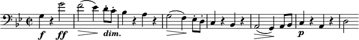 \relative c' {
\set Score.tempoHideNote = ##t \tempo 2 = 72
\set Staff.midiInstrument = #"cello"
\set Score.currentBarNumber = #17
\key g \minor
\time 2/2
\clef bass
g4\f r g'2\ff
f(\> es4)\! d8-._\markup { \bold \italic "dim." } c-.
bes4 r a r
g2(\> f4)\! es8-. d-.
c4 r bes r
a2(\> g4)\! a8 bes
c4\p r a r
d2
}