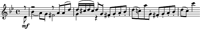 { \tempo 4 = 132 \set Score.tempoHideNote=##t \set Staff.midiInstrument = "violin" { \key g \minor \time 4/4 \partial 8 <<
\new Voice = "first" \relative f'' {
\voiceOne f8\rest | f2\rest f8\rest a,-. a( d) | d16( cis d cis) d8-. g,-. fis_. g_. a_. bes_. }
\new Voice = "second" \relative d' {
\voiceTwo d8 \mf | bes'4( a8) g-. fis2 | g4 c,\rest } >> |
\oneVoice \relative d''{d8( c!) a' g,-. fis-. g-. a-. bes-. | d8( c) c'4 }}}