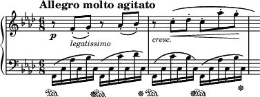 \new PianoStaff <<
\new Staff = "Up" \with { \magnifyStaff #3/4 } <<
\new Voice \relative c' {
\clef treble
\tempo "Allegro molto agitato"
\set Score.tempoHideNote = ##t \tempo 4. = 96
\time 6/8
\key f \minor
r8 \p f-._\markup{\italic legatissimo} (g-.) r aes-. (bes-.) r_\markup{\italic cresc.} c-. \< (des-. c-. aes'-. g-. \! \hide r16)
}
>>
\new Staff = "Down" \with { \magnifyStaff #3/4 } <<
\new Voice \relative c{
\clef bass
\key f \minor
\stemDown
f,16 \sustainOn (c' aes' c, bes' c, \sustainOff) f, \sustainOn (c' c' c, des' c, \sustainOff) f, \sustainOn (c' c' c, bes' c, \sustainOff) f, \sustainOn (c' aes' c, bes' c, \sustainOff) s
}
>>
>>