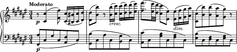 { \new PianoStaff <<
\new Staff \relative cis' { \set Staff.midiInstrument = #"piano" \key fis \major \clef treble \time 3/4 \set Score.tempoHideNote = ##t \tempo "Moderato" 4 = 54
r8 \p <cis cis'>4 ( <fis fis'>8 ) <cis
cis'>16 ( <bis bis'>16 <cis cis'>16 <dis dis'>16 ) | % 2
<dis dis'>8 ( <b' b'>8 ) r8 <b b'>16 _\markup{ \italic {cresc.} } (
<cis cis'>16 ) <cis cis'>16 ( <dis dis'>16 ) <dis dis'>16 ( <eis
eis'>16 ) | % 3
<fis fis'>8. ( <eis eis'>32 <dis dis'>32 <cis cis'>8 <eis, eis'>8 )
<eis eis'>16 _\markup{ \italic {dim.} } ( <fis fis'>16 <gis gis'>16
<ais ais'>16 ) | % 4
<cis, cis'>8 ( <b' b'>8 ) <b b'>8 ( <ais ais'>8 <gis gis'>8 ) r8
}
\new Staff \relative fis, { \set Staff.midiInstrument = #"piano" \key fis \major \clef bass \time 3/4
<fis ais'>8 \p ( cis'8 gis'8 cis,8
<ais fis'>8 cis8 ) | % 2
<gis b'>8 ( cis8 ais'8 cis,8 <b gis'>8 cis8 ) | % 3
<ais cis'>8 ( cis8 <gis' b>8 cis,8 <fis ais>8 cis8 ) | % 4
<eis b'>8 ( cis8 <dis fis>8 cis8 <eis gis>8 cis8 ) }
>> }
