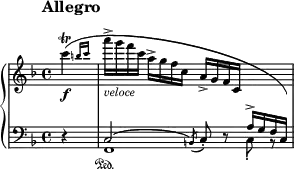 \new PianoStaff <<
\new Staff = "Up" \with { \magnifyStaff #3/4 } <<
\new Voice \relative c' {
\clef treble
\override Score.MetronomeMark.Y-offset=#9
\tempo "Allegro"
\set Score.tempoHideNote = ##t \tempo 2 = 80
\time 4/4
\key f \major
\partial 4
\afterGrace c''4 \f \trill ({b16 c} a'-> _\markup{\italic veloce} g f c a-> g f c a-> g f c \change Staff = "Down" \stemUp a^> g f c)
}
>>
\new Staff = "Down" \with { \magnifyStaff #3/4 } <<
\new Voice \relative c{
\clef bass
\key f \major
r4 c2^(\acciaccatura b8) c-. d \rest \stemDown c_. b \rest
}
\new Voice \relative c{
s4 f,1 \sustainOn
}
>>
>>
