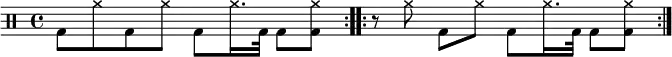 \new Staff <<
\relative c' {
\clef percussion
\time 4/4
\repeat volta 2 { g8 \xNote a' g, \xNote a' g, \xNote a'16. g,32 g8 <g \xNote a'> }
\repeat volta 2 { r8 \xNote a'\noBeam g, \xNote a' g, \xNote a'16. g,32 g8 <g \xNote a'> }
}
>>