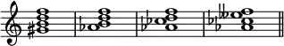 {
\omit Score.TimeSignature
\relative c'' {
<gis b d f>1 <aes b d f> <aes ces d f> <aes ces eses f> \bar "||"
}
}