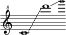 
    {
      \new Staff \with { \remove "Time_signature_engraver" }
      \clef "treble^8" \key c \major \cadenzaOn
      c''1 \glissando d''''1 \glissando \grace g''''1
    }
  
