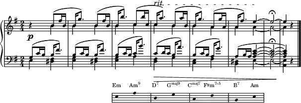 { <<
\new Dynamics {
s2 s s4 s \tempo 8 = 87 s-"rit." \tempo 8 = 82 s \tempo 8 = 77 s \tempo 8 = 72 s
}
\new PianoStaff <<
\new Staff \with{ \magnifyStaff #3/4 } <<
\new Voice \relative c' {
\key e \minor \set Score.tempoHideNote = ##t \tempo 8 = 92 \time 2/4 \stemUp \slurUp \tieUp
r4 b'8( fis'16 b, | b g'8.) b,8( fis'16 b, | b b'8.) c,8( b'16 c, | c a'8.^\startTextSpan) b,8( a'16 b, | b g'8.) a,8( g'16 a, | a fis'8.) e4 ~ \stopTextSpan e2 \fermata ~ e4 r \bar "|."
}
\new Voice \relative c' {
\stemDown \tieDown
s4 b'4 b b b c c b b a a a ~ a2 ~ a4 s4
}
\new Dynamics {
\p
}
\new Staff \with{ \magnifyStaff #3/4 } <<
\new Voice \relative c' {
\key e \minor \clef F \time 2/4 \stemUp \slurUp \tieUp
g8( c16 b b fis'8.) | b,8( c16 b b fis'8.) | b,8( c16 b c b'8.) | c,8( d16 c b a'8.) | b,8( c16 b a g'8.) | a,8( b16 a ~ <a c e>4 ~ <a c e>2 \fermata ~ <a c e>4) r |
}
\new Voice \relative c' {
\stemDown \tieDown
e,4 <dis fis> | <e g> <dis fis> | <e g> a | <d, fis> g | <c, e> fis | <b, dis> e4 ~ e2 ~ <a, e'>4 s
}
\new Dynamics {
s2 s s s\> s s s s \!
}
>> >> >>
\new Staff = "chords" \with {
\omit TimeSignature
\magnifyStaff #2/3
} \relative c'
{ \hide Staff.KeySignature \hide Staff.Clef \key e \minor \clef bass
{ \hide Stem \stopStaff \once \hide \p s2 s \startStaff e,8 s a s d, s g s c, s fis s b, s e s \stopStaff}}
\addlyrics \with { alignAboveContext = "chords" \override VerticalAxisGroup.nonstaff-relatedstaff-spacing = #'((basic-distance . 3)) } { \override LyricText.font-size = #-3 Em \markup{\concat{Am\super{9}}} \markup{\concat{D\super{7}}} \markup{\concat{G\super{maj9}}} \markup{\concat{C\super{maj7}}} \markup{\concat{F♯m\super{7♭5}}} \markup{\concat{B\super{7}}} Am}
>>
}
\layout { line-width = #150 }