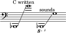 {
\new Staff \with { \remove "Time_signature_engraver" }
\clef bass \key c \major \cadenzaOn
bes,,1 ^ \markup "C written" \glissando g'1
\ottava #-1 bes,,,1 ^ \markup "sounds" \glissando \ottava #0 g1
}
