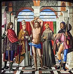 Giovanni Mansueti, Saint Sebastian and Saints Liberalis of Treviso, Francis of Assisi and Roch, 1494, Gallerie dell'Accademia