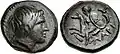 Head of Achilles depicted on a fourth-century BCE coin from Kremaste, Phthia. Reverse: Thetis, wearing and holding the shield of Achilles with his AX monogram
