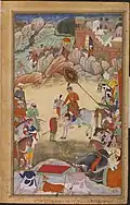 Adham Khan pays homage to Akbar at Sarangpur in 1561, after his unsuccessful attempts of subvert Akbar's authority, Akbarnama.
