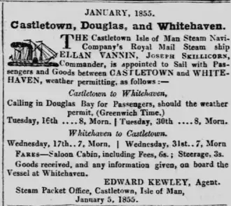 Advertisement for the services of the Ellan Vannin.