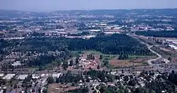Aerial photograph of the Tualatin Hills Nature Park in 1998, Huber is in the foreground.