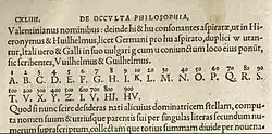 Shows a picture of a cipher with the English alphabet, missing the J, U, and W, but with 4 extra letters after the Z which appear as I, V, HI and HV.