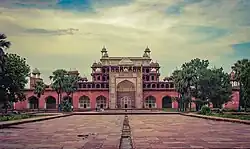 Akbar's Tomb, Agra was built with red sandstone by his son and grandson in 1605 to 1618.