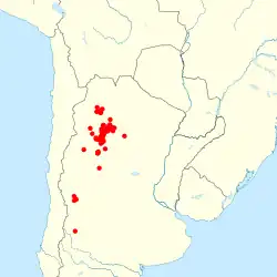 Map of southern South America showing highlighted collection localities in northern Argentina