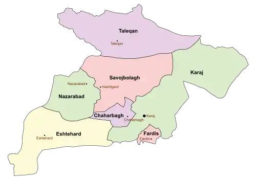 Location of Taleqan County in Alborz province (top, purple)