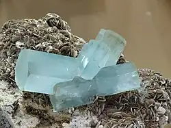 Aquamarine crystals on muscovite