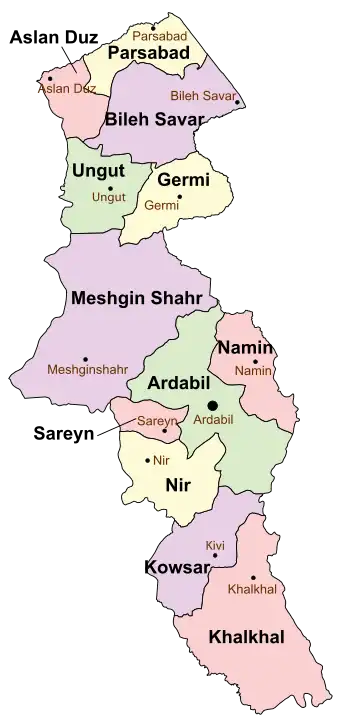 Location of Ardabil County in Ardabil province (center, green)