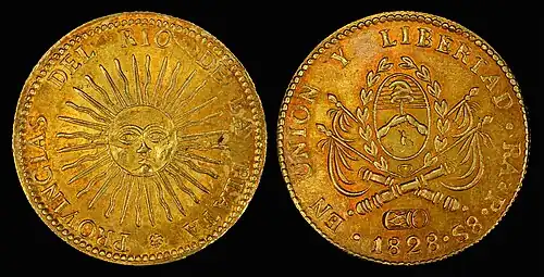 Coat of Arms of the General Constituent Assembly of Argentina depicted on the eight escudo gold coin.