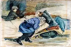 Watercolour in blues, greys and beiges, showing children and a woman crying around a woman lying down