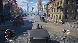 The player character riding a horse and carriage on a road, with NPCs around. Big Ben can be seen in the background.