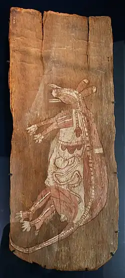 Australian painting of a kangaroo totemic ancestor; c. 1915; painting on bark; 92.5 × 35.5&nbsp;cm; Musée du Quai Branly