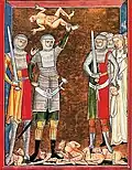 Soldiers in mail armour with swords, German miniature of the Massacre of the Innocents, c. 1250.