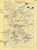 The situation at 4:30&nbsp;p.m. Red - the Austrian troops, Blue - the Hungarian troops.