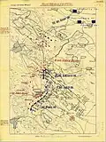 The situation at 5:30&nbsp;p.m. Red - the Austrian troops, Blue - the Hungarian troops.