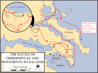 A map centered on southern Greece showing the movements of the Greek army with dark blue arrows and the Persian army with red arrows