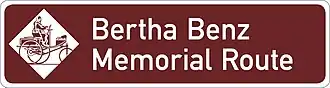 Official sign of Bertha Benz Memorial Route, commemorating the world's first long-distance journey by automobile from Mannheim to Pforzheim in 1888 104&nbsp;km (65&nbsp;mi)