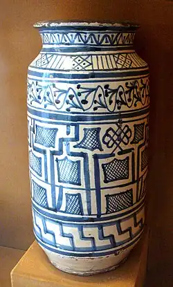 Blue-and-white faience albarello with Pseudo-Kufic designs, Tuscany, second half of 15th century