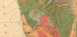 Geological map of the Kennecott and Bonanza Mine area. "ng" is the Nikolai greenstone formation, "Trc" is the Chitistone limestone formation, while "Qrg" are rock glaciers.