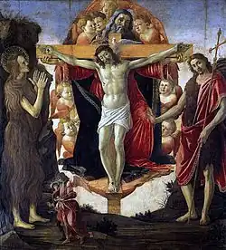 Sandro Botticelli, Holy Trinity with Mary Magdalene, John the Baptist and Tobias and the Angel (Pala della Convertite), 1491–1493