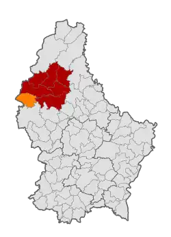 Map of Luxembourg with Boulaide highlighted in orange, and the canton in dark red