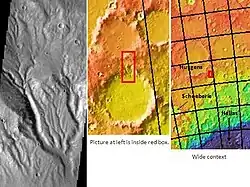 Branched valleys on the rim of Huygens crater, as seen by THEMIS.
