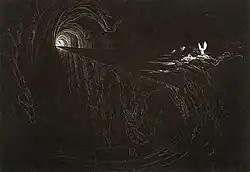 Bridge of Chaos, from Paradise Lost (1824–1827). Mezzotint, plate, 14.3 × 21&nbsp;cm. Museum of Fine Arts, Houston