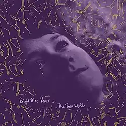 A purple-tinted photo of Power looking upward, surrounded by scribbles in yellow