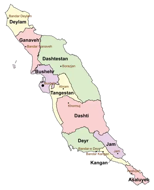 Location of Jam County in Bushehr province (bottom, purple)