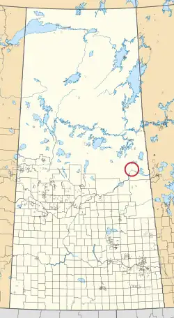A map of the province of Saskatchewan showing 297 rural municipalities and hundreds of small Indian reserves. One is highlighted with a red circle.