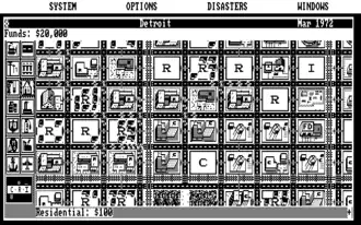SimCity in 640&nbsp;×&nbsp;200 monochrome. Note the use of dithering to simulate gray tones and non-square pixel ratio that deforms the fonts