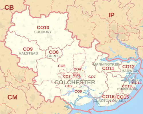 CO postcode area map, showing postcode districts, post towns and neighbouring postcode areas.