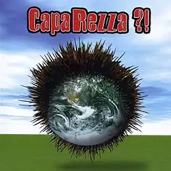 An image of Earth mostly covered in long black porcupine quills hovering over a flat green field in front of a cloudy blue sky. The artist's and album's names are in red block letters at the top of the frame.