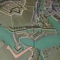 Copy of the Charleroi relief plan of 1696. On the left, the dike closing off the great flood of the Lodelinsart brook valley. In the center, the half-moon and the bridge to the Porte de Dampremy.