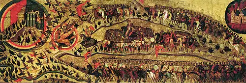 Blessed Be the Host of the Heavenly Tsar (alternatively known as Church Militant). Russian icon, ca. 1550–1560. This icon is traditionally perceived as an allegorical representation of the fall of Kazan.