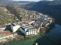 Former Rhodia textile industry on the banks of the Doubs as seen from the Citadel of Besançon