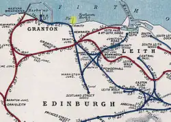 An excerpt from an old railway map of northern Edinburgh, showing the Trinity Chain Pier near the top. It is highlighted in yellow, with Newhaven and Leith on the right, and Granton on the left.
